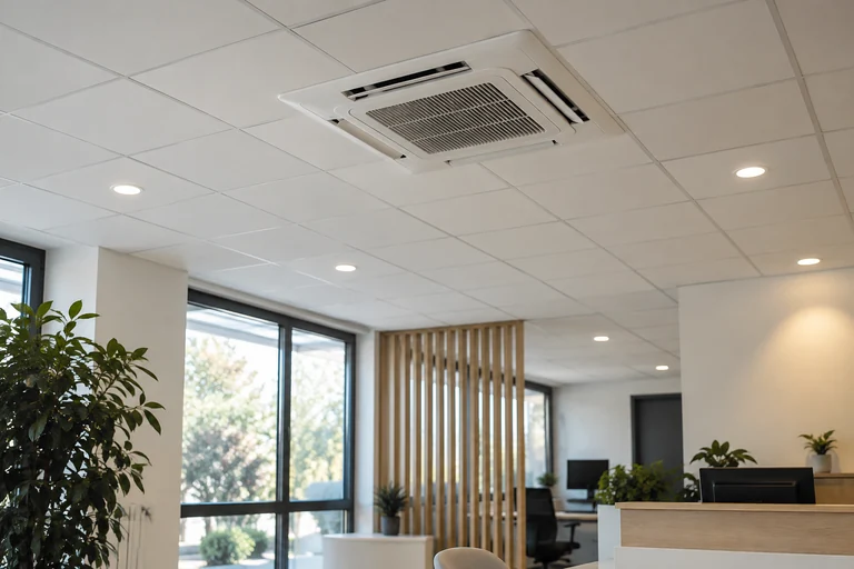 Cassette de climatisation intégrée au plafond d’un bureau