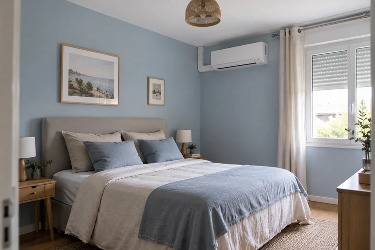 Unité de climatisation murale dans une chambre aux murs bleus