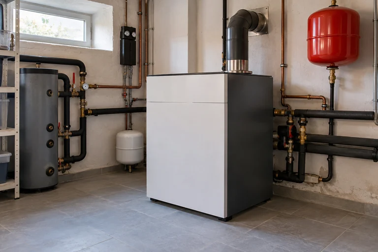 Chaudière au sol avec conduit et réseau de tuyauteries dans une chaufferie