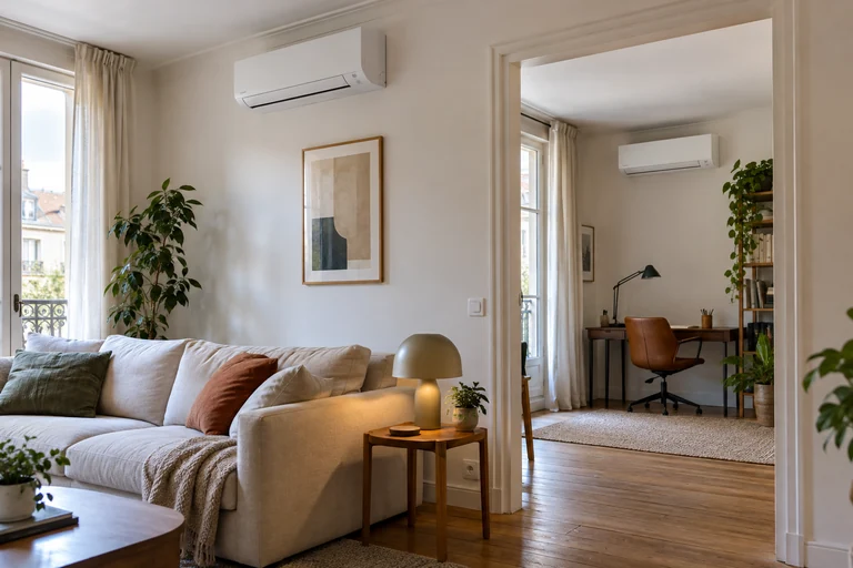 Deux unités murales visibles dans le salon et le bureau d’un appartement