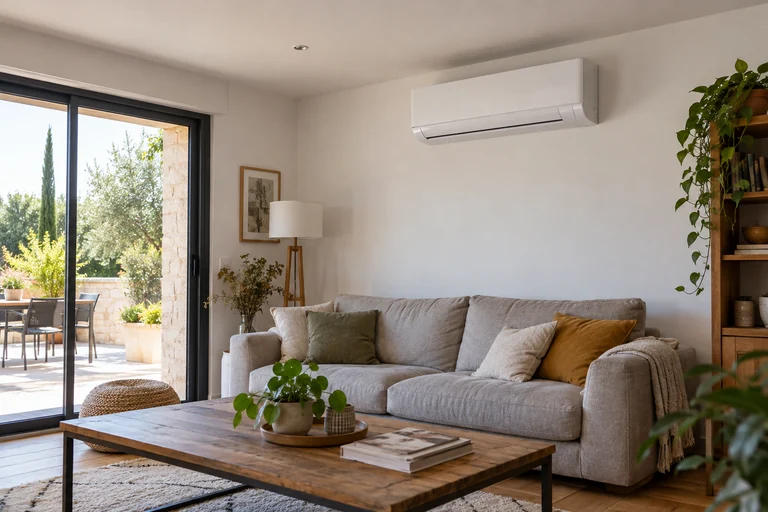 Climatiseur mural blanc installé au-dessus du canapé d’un salon